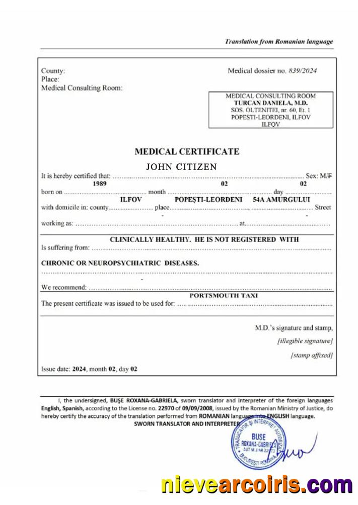 Romania medical certificate
